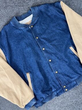 Men's Blue Denim Bomber Jacket with Beige Sleeves